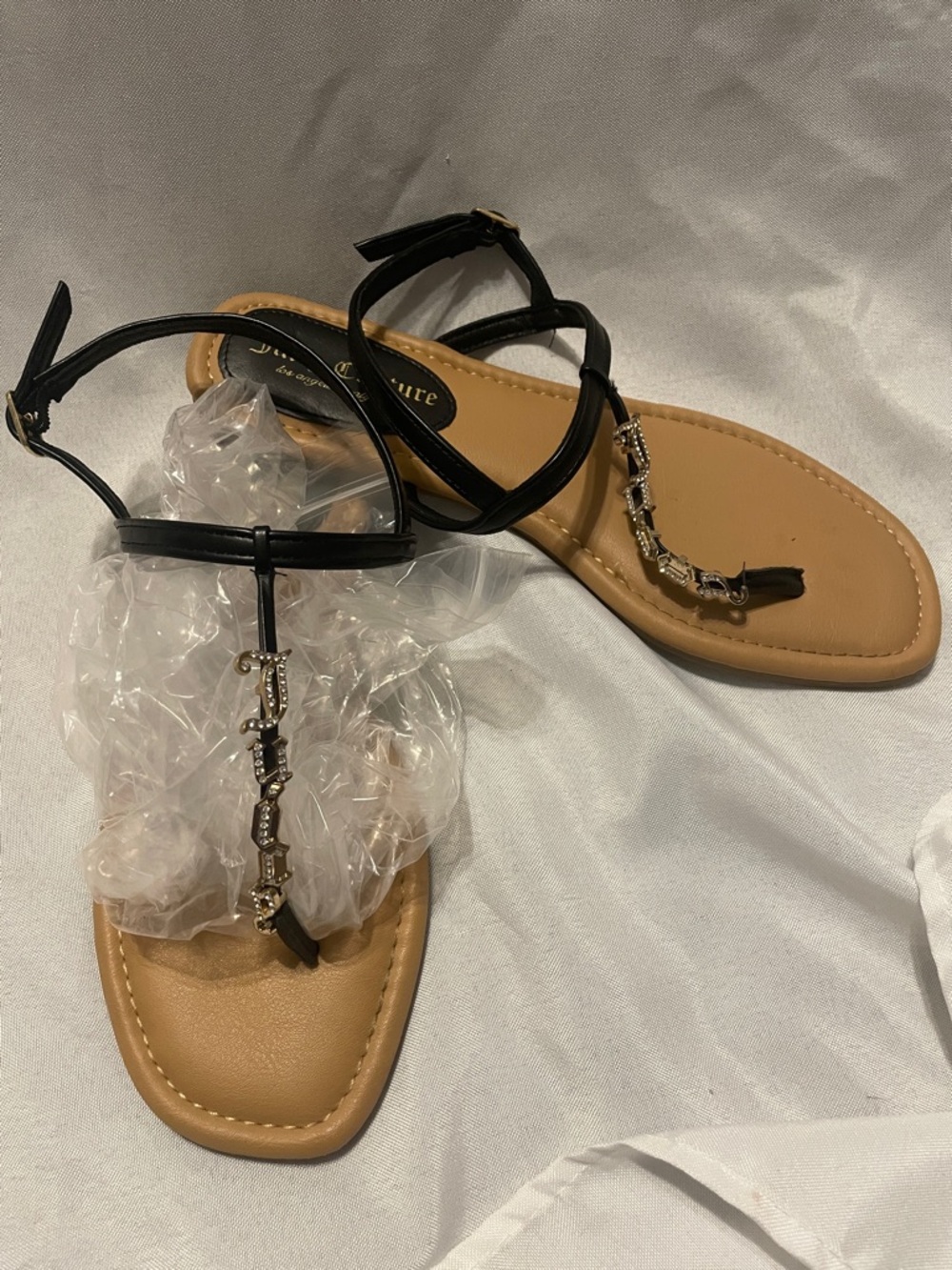 Juicy Couture Black T-Strap Sandals with Gold Chain Detail